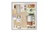 Modern 2D floor plan of a cozy apartment featuring an open-concept kitchen with island seating, a stylish living area with a green accent rug, a comfortable bedroom with ample closet space, and a sleek bathroom.