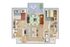Elegant 2D floor plan with 2 bedrooms, open living and dining area, modern kitchen, and a cozy balcony.