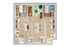 Modern 3D floor plan showcasing two cozy bedrooms, a bright open living area with stylish decor, and a functional kitchen island.