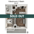 Modern 1 bedroom, 1 bath floor plan featuring 528 sq ft of sleek living space, highlighting a cozy bedroom and an open-concept kitchen with stylish finishes, labeled as 'SOLD OUT'.