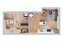 Charming 2D floor plan showcasing a cozy one-bedroom apartment with a modern living area, functional kitchen, and stylish bathroom.