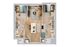 Modern 2D floor plan showcasing a cozy 2-bedroom apartment with open living space, stylish kitchen island, and private bathrooms.