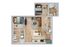 Modern 2D floor plan showcasing two cozy bedrooms, spacious open-concept living area, sleek kitchen with island, and two stylish bathrooms.