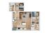 Chic apartment floor plan showcasing two bedrooms, a stylish living room with modern decor, and an open kitchen area with sleek finishes.