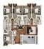 Luxurious floor plan showcasing four modern bedrooms, spacious bathrooms, cozy living area, elegant dining space, and a chic kitchen, complemented by a private balcony.