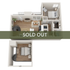 Modern 3D floor plan showcasing a stylish apartment with two bedrooms, one on a separate loft level, a cozy living room, and an elegant spiral staircase. Sold out status highlighted.