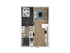 Modern 1-bedroom apartment floor plan with open living area, stylish kitchen, and convenient in-unit washer and dryer.