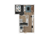Chic and modern floor plan featuring a cozy bedroom, open living area, full kitchen, and stylish bathroom with a washer/dryer unit.