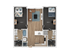 Modern 2-bedroom apartment floor plan featuring an open living area, sleek kitchen, and well-appointed bathrooms.