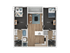 Modern 2D floor plan showcasing 2 spacious bedrooms with full XL beds, an inviting open living area, sleek kitchen, and convenient in-unit washer/dryer.
