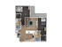 Modern 2D floor plan featuring 2 bedrooms, a spacious living area, sleek kitchen with island, and a charming balcony, perfect for comfortable living.