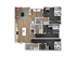 Modern 3-bedroom apartment floor plan with open-concept kitchen and living area, featuring spacious storage, two full-size bathrooms, and stylish furnishings.