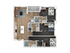 Modern 3-bedroom apartment floor plan featuring open-concept living area, sleek kitchen island, and two stylish bathrooms.