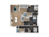 Modern 3-bedroom apartment floor plan featuring an open-concept living area, sleek kitchen with island, two full-sized bathrooms, and a private balcony.