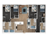 Modern 3D floor plan showcasing four spacious bedrooms, each with full XL beds, an open-concept kitchen with an island, a stylish living room, and two luxurious bathrooms, ideal for comfortable living.