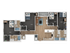 Contemporary 2D floor plan showcasing 4 bedrooms, elegant living space, sleek kitchen with island, and a cozy balcony.