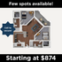 Charming 3D floor plan displaying a modern apartment with two bedrooms, stylish living area, and open kitchen, perfect for comfortable living. Starting at $874.