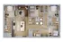 Modern 3-bedroom apartment floor plan with open-concept living area, sleek kitchen island, cozy living room, and multiple bathrooms.