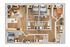 Modern 3-bedroom apartment floor plan featuring open-concept living area, sleek kitchen with island, and two elegant bathrooms.