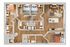 Modern apartment floor plan showcasing 3 bedrooms, open-concept living and kitchen area with island seating, and sleek hardwood flooring.