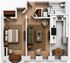 Modern 3D floor plan featuring a cozy bedroom, elegant open living room, sleek kitchen, and stylish bathroom.