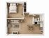 Modern 1-bedroom apartment floor plan featuring an open-concept living area with a cozy fireplace, a compact kitchen, and a stylish bathroom.