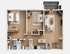 Modern floor plan featuring two bedrooms, spacious living area with a fireplace, stylish kitchen with island, and private balcony.