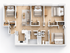 3-bedroom apartment floor plan featuring a cozy living area, modern kitchen with island, and well-equipped bathrooms.