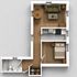 Modern apartment floor plan showcasing an inviting open-concept living area, cozy bedroom, stylish kitchen, and elegant bathroom.