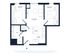Chic floor plan showcasing 2 cozy bedrooms, a modern kitchen with a rolling island, and a welcoming living room with efficient layout.