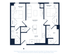 Modern 2D floor plan showcasing 2 bedrooms, open-concept living room, and a sleek kitchen with rolling island, ideal for contemporary living.