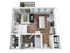 Contemporary open-concept apartment layout featuring a single bedroom, elegant living area, modern kitchen with island seating, stylish bathroom, and in-unit washer and dryer.