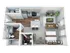 Modern 3D floor plan featuring a spacious bedroom, inviting living area, sleek kitchen with island, and a cozy bathroom with laundry facilities.