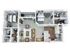 Modern 3D floor plan featuring two spacious bedrooms, an elegant living area, a sleek kitchen with an island, and two luxurious bathrooms. Includes a cozy balcony and convenient laundry area.