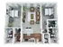 Modern 3D apartment floor plan showcasing 2 spacious bedrooms, stylish open-concept living area, and a gourmet kitchen with island seating.