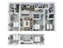 Modern 3D floor plan displaying 4 bedrooms and 4 bathrooms with a central open living area, stylish kitchen, and walk-in closets for optimal comfort and luxury.