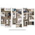 Expansive 3D floor plan showcasing three bedrooms, elegant living room, modern kitchen, and multiple bathrooms, designed with chic interiors and spacious layout.