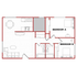 Efficient 2D floor plan showcasing modern 2-bedroom layout with an open kitchen and cozy living area, ideal for urban living.