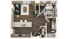 Modern 1-bedroom apartment floor plan with open-concept living and dining areas, spacious kitchen, and a stylish bathroom.