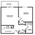 Charming floor plan showcasing a cozy 1 bedroom layout with a kitchenette, spacious living room leading to a balcony, and a stylish bath.