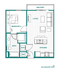 Modern A1 floor plan showcasing 1 bedroom, spacious open living and kitchen area, with a balcony and 552 square feet of elegant design.