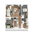 Modern 3D apartment floor plan showcasing two cozy bedrooms, an elegant open-plan living and dining area with sleek wood flooring, and two contemporary bathrooms.