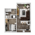 Modern 1-bedroom floor plan featuring a cozy bedroom, a stylish bathroom, and an open-concept living and kitchen area.
