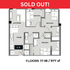 Contemporary 2D floor plan for 3-bedroom apartment with open living room and modern kitchen, 977 sq ft on floors 17-18, marked as sold out.
