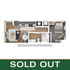 Modern 1-bedroom apartment floor plan showcasing open-concept living and kitchen area with stylish design, featuring a sleek bathroom. SOLD OUT label indicates high demand.