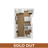 Modern studio apartment floor plan with a cozy bedroom, stylish kitchen, and efficient bathroom layout.