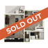 Contemporary 1-bedroom apartment floor plan with open living area, sleek kitchen, and modern bathroom. Sold out.