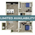 Modern floor plan showcasing 2 bedrooms, 2 bathrooms, an open kitchen with island, and a cozy living area. Limited availability.