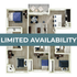 Modern floor plan of a spacious apartment featuring 3 bedrooms, open-concept living area, kitchen with breakfast bar, and a cozy balcony. Limited availability highlighted.