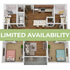 Modern open-concept floor plan featuring 2 cozy bedrooms, a stylish kitchen with bar seating, and a welcoming living area, highlighted by beautiful wood flooring. Limited availability.